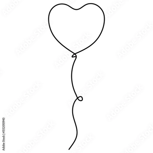 Fototapeta Flying balloon in heart shape continuous line drawing. Love gift symbol. Vector illustration isolated on white.