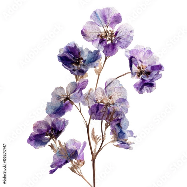 Fototapeta Delicate purple pressed flowers on a delicate stem isolated on transparent background