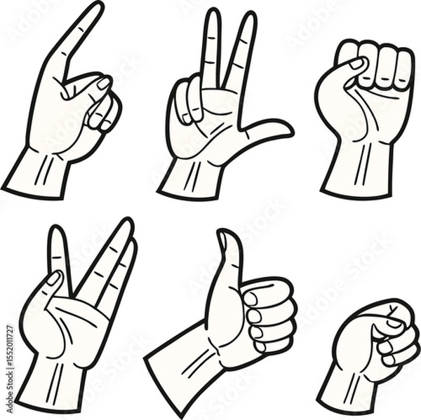 Fototapeta Six black-and-white line drawings of hands displaying various gestures, including a raised index finger, a peace sign with two fingers, a Vulcan salute, a thumbs-up, and two clenched fists.