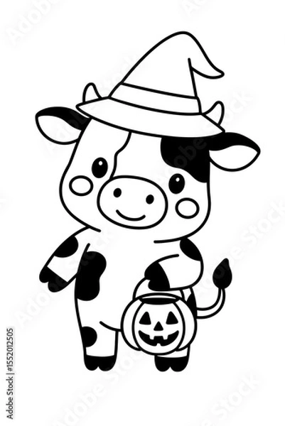 Fototapeta A charming cartoon cow, adorned with a witch hat and clutching a jack-o'-lantern, ready for a spooky Halloween celebration. Capturing the playful spirit and festive charm of this unique combination.