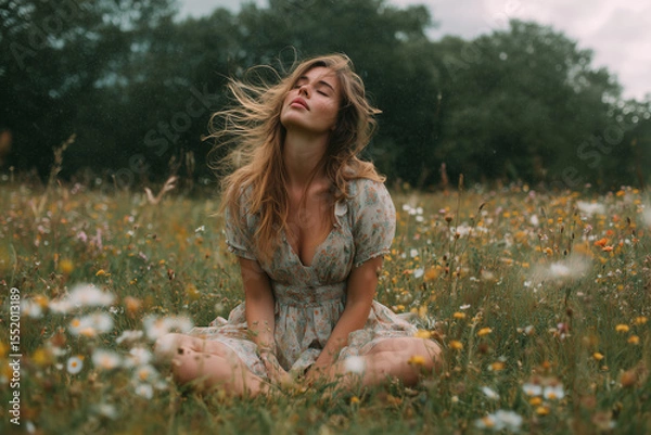 Obraz Young woman sitting in wildflower field with eyes closed and summer dress