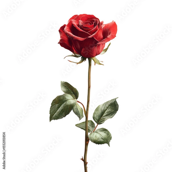 Fototapeta A single vibrant red rose with green leaves isolated on transparent background