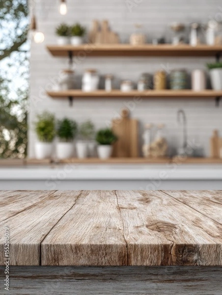 Fototapeta Mock up empty wooden table against the blurred background of the modern white wooden rustic Scandinavian kitchen, Mockup blank surface on a blurred kitchen background. copy space.