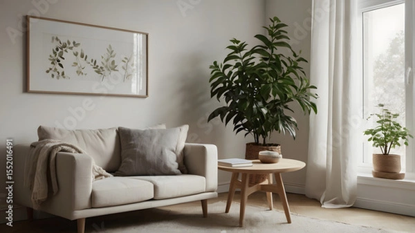 Fototapeta Scandinavian Corner with Plant and Frame – Light Minimal Living