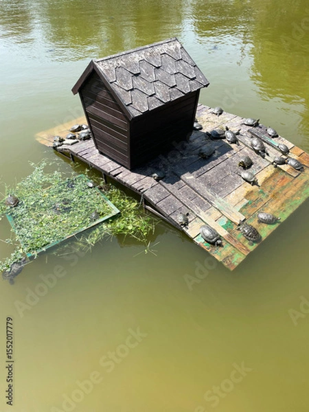 Fototapeta Many turtles bask in the sun on a wooden rectangular island with a wooden house and a net with green grass in the middle of a pond with muddy water, close-up, side view. Summer day. Park. Wild life.