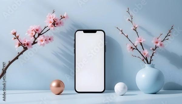 Fototapeta Modern smartphone with blank screen displayed with delicate pink cherry blossoms in a vase and decorative spheres