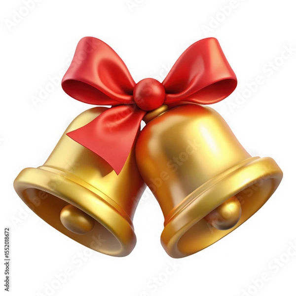 Obraz Shiny golden bells tied with a festive red ribbon bow isolated on transparent background