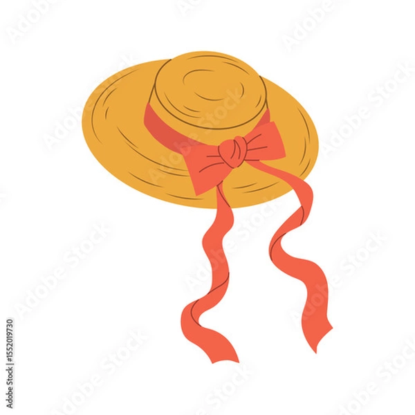 Fototapeta Isolated flat vector illustration of hand drawn straw hat with a red bow on white background. Cottagecore lifestyle. Item of clothing