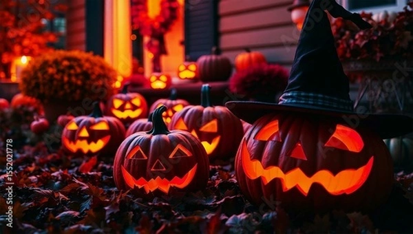 Obraz "Spooky Halloween Night with Glowing Jack-o'-Lantern Pumpkins on Doorstep"