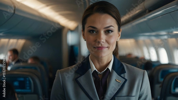Fototapeta Flight attendant smiles in the cabin of an airplane wearing a professional uniform