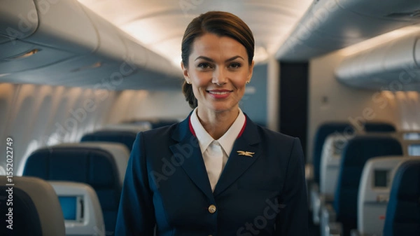 Fototapeta Smiling flight attendant welcomes passengers aboard the airplane in her uniform