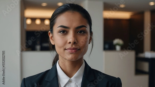 Fototapeta Businesswoman in a suit smiles confidently in an office environment for a portrait