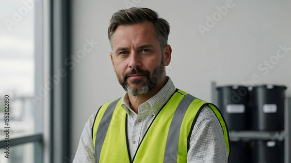 Fototapeta Man wearing a safety vest stands indoors looking at the camera with a serious expression