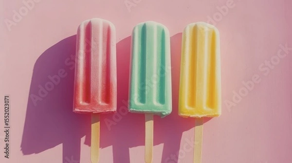 Obraz Three bright colorful ice-cream popsicle with shadow on the middle of pastel pink background.