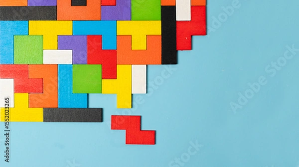 Obraz geometric shape block with colorful wood puzzle piece background. logical thinking, business logic, Conundrum, decision, solutions, rational, mission, success, goals and strategy concepts
