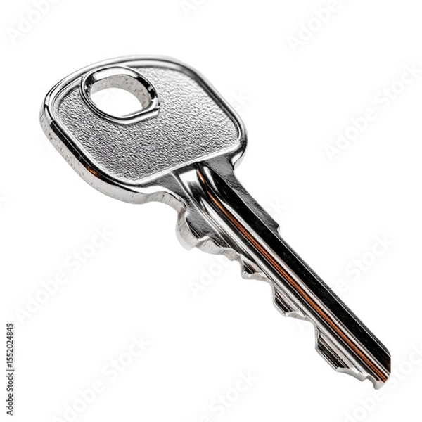 Fototapeta Metal key isolated on a transparent background. Standard house door key with flat head and cut grooves. Silver color, angled view. Common object used for lock access, door security, or key visuals.