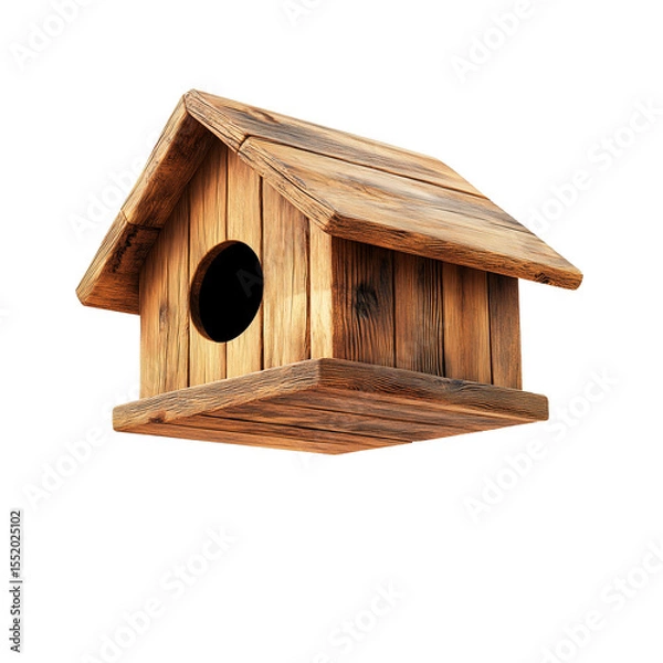Fototapeta Wooden birdhouse isolated on a transparent background. Small birdhouse with pitched roof and round hole in the front. Classic bird nesting box made of wood for outdoor use or design mockups.