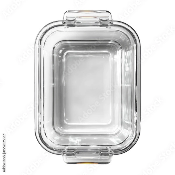 Fototapeta Glass food container isolated on a transparent background. Rectangular transparent box with plastic lid clips, top view. Used for food storage, meal prep, and kitchen organization.