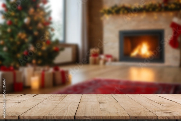 Obraz Empty wooden surface and blurred view of room decorated for Christmas