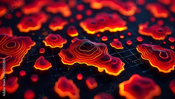 Obraz Abstract topographic map with glowing red and orange contours on a dark grid background