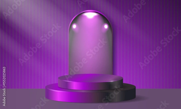 Obraz 3D illustration of a purple display podium with an arch on the background, spotlight beams, and striped background, ideal for product presentation, branding mockups, and digital advertising.Vector