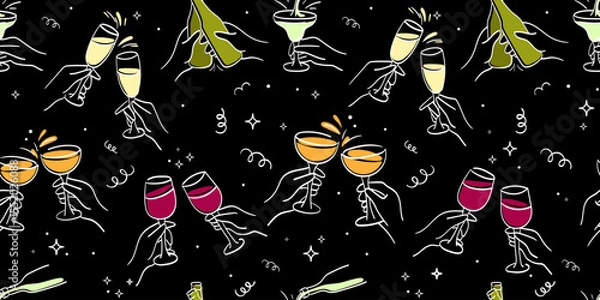 Obraz Seamless vector pattern with colorful wine glasses, champagne bottles, cocktails, and hands toasting, drawn in minimalist line art, ideal for party decor, packaging, festive designs.Clinking Glasses