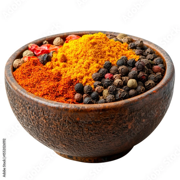 Fototapeta Mixed spices in a wooden bowl isolated on a transparent background. Ground turmeric, chili powder, and black peppercorns. Top view of colorful seasoning blend for cooking and food preparation.