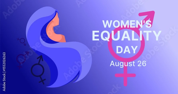 Obraz Womens Equality Day banner Illustration with Gender Symbols and Feminine Silhouette. Gender equality symbols, and text promoting Womens Equality Day on August 26. Vector illustration