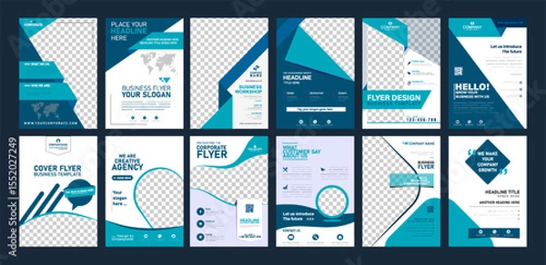 Fototapeta Set of Modern Business Flyer Templates with Blue Geometric Shapes and Transparent Photo Placeholders for Corporate, Marketing, and Event Promotion in Clean Vector Layouts
