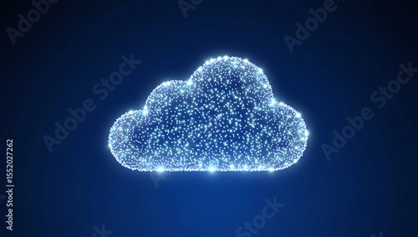 Obraz Abstract glowing digital cloud formation composed of numerous small bright blue particles against a dark blue background