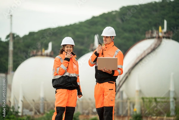 Fototapeta Two engineers wearing safety gear are working at an industrial site near spherical gas storage tanks. Using laptop and walkie talkie to coordinating field operations in a petrochemical environment