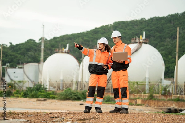 Fototapeta Two engineers in safety gear talking work near spherical gas storage tanks. woman is pointing forward while the man checks a laptop, indicating active discussion and site coordination in an industrial