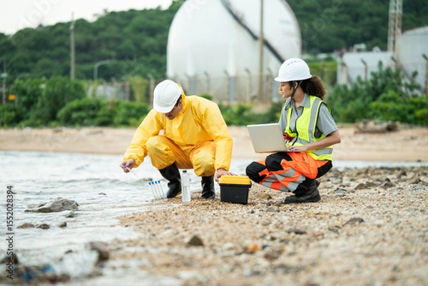 Fototapeta Environment scientist with team analysing waste water test results and collecting sample for research or inspection of the ecosystem and study of nature from an industrial factory into the sea