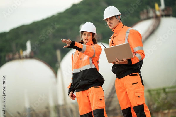 Fototapeta Two engineers in safety gear talking work near spherical gas storage tanks. woman is pointing forward while the man checks a laptop, indicating active discussion and site coordination in an industrial