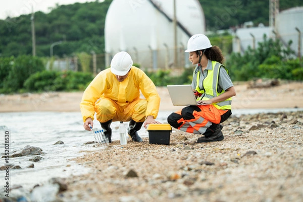 Fototapeta Environment scientist with team analysing waste water test results and collecting sample for research or inspection of the ecosystem and study of nature from an industrial factory into the sea