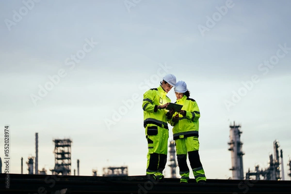 Fototapeta Engineer worker watching work monitor on digital tablet and checking for quality control at construction site of petroleum chemical industry or refinery oil plant factory overtime at night