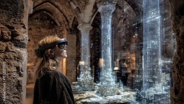 Fototapeta Young woman wearing ar headset exploring a digital reconstruction of ancient ruins projected on a transparent display in a museum, experiencing immersive historical education