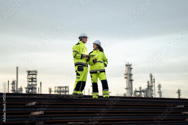 Fototapeta Engineer worker watching work monitor on digital tablet and checking for quality control at construction site of petroleum chemical industry or refinery oil plant factory overtime at night