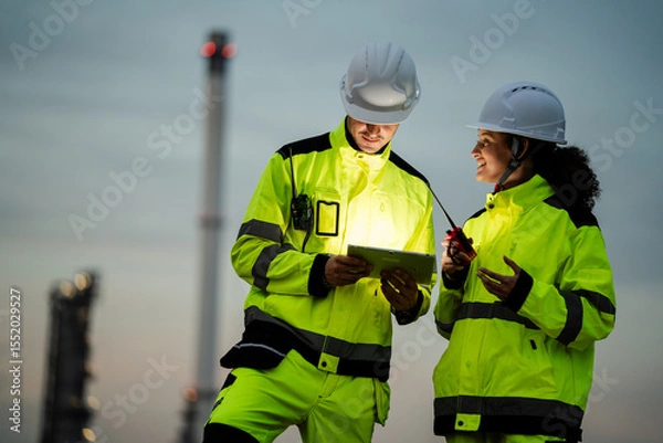 Fototapeta Engineer worker watching work monitor on digital tablet and checking for quality control at construction site of petroleum chemical industry or refinery oil plant factory overtime at night