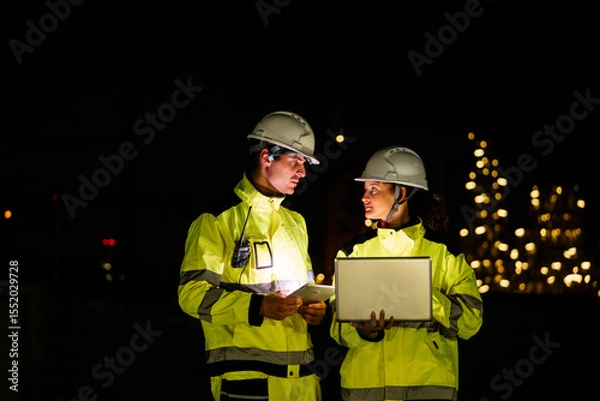 Fototapeta Engineer worker watching work monitor on laptop and checking for quality control at construction site of petroleum chemical industry or refinery oil plant factory overtime at night