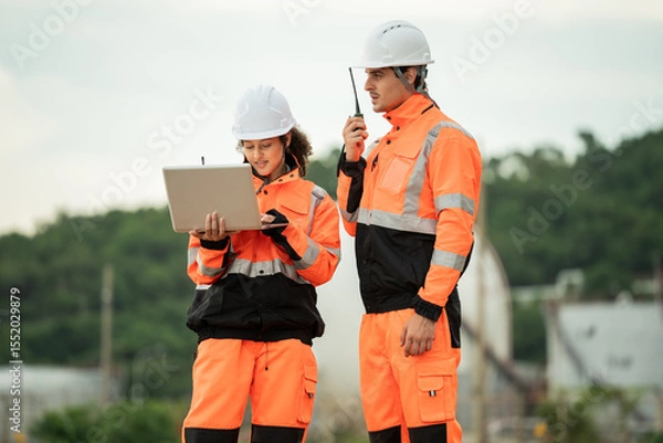 Fototapeta Two engineers wearing safety gear are working at an industrial site near spherical gas storage tanks. Using laptop and walkie talkie to coordinating field operations in a petrochemical environment