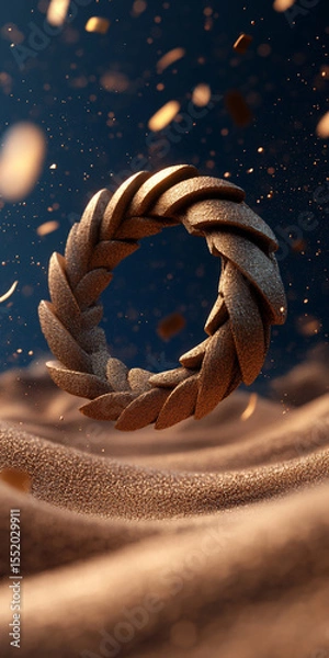 Obraz Abstract 3D illustration of a textured circular object floating above a sandy surface, surrounded by particles, creating a mesmerizing visual effect of depth and movement in a dynamic environment