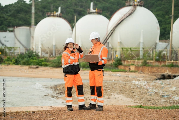 Fototapeta Two engineers wearing safety gear are working at an industrial site near spherical gas storage tanks. Using laptop and walkie talkie to coordinating field operations in a petrochemical environment