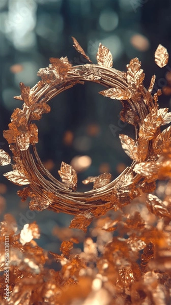 Obraz Golden leaf wreath surrounded by shimmering autumn leaves, creating a magical atmosphere in a forest setting, symbolizing nature's beauty and seasonal change