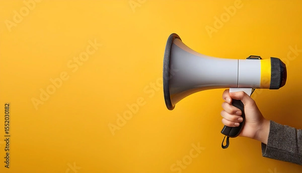Fototapeta Hand Holding a Megaphone Against a Bright Yellow Background for Announcements and Communication and spreading messages effectively.