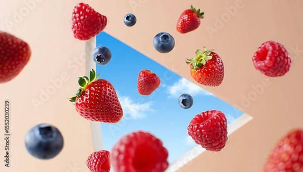 Obraz Fresh strawberries and blueberries levitating against a softly colored background with sky view