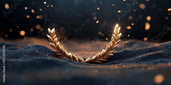 Obraz Golden laurel wreath resting on dark textured surface, surrounded by shimmering particles, symbolizing victory and achievement in a dramatic and artistic composition