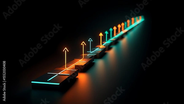 Obraz Neon arrows ascending in a staircase pattern on a dark background symbolizing growth