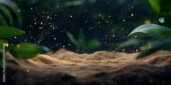 Obraz Close-up view of sandy soil surrounded by lush green foliage, with particles of dust illuminated in sunlight, creating a serene and vibrant natural environment