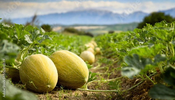 Fototapeta A textured green melon growing in fertile soil surrounded by plants under a clear blue sky